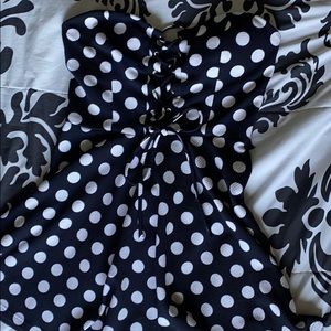 Navy Blue-Polka dot Strapless Midi Dress